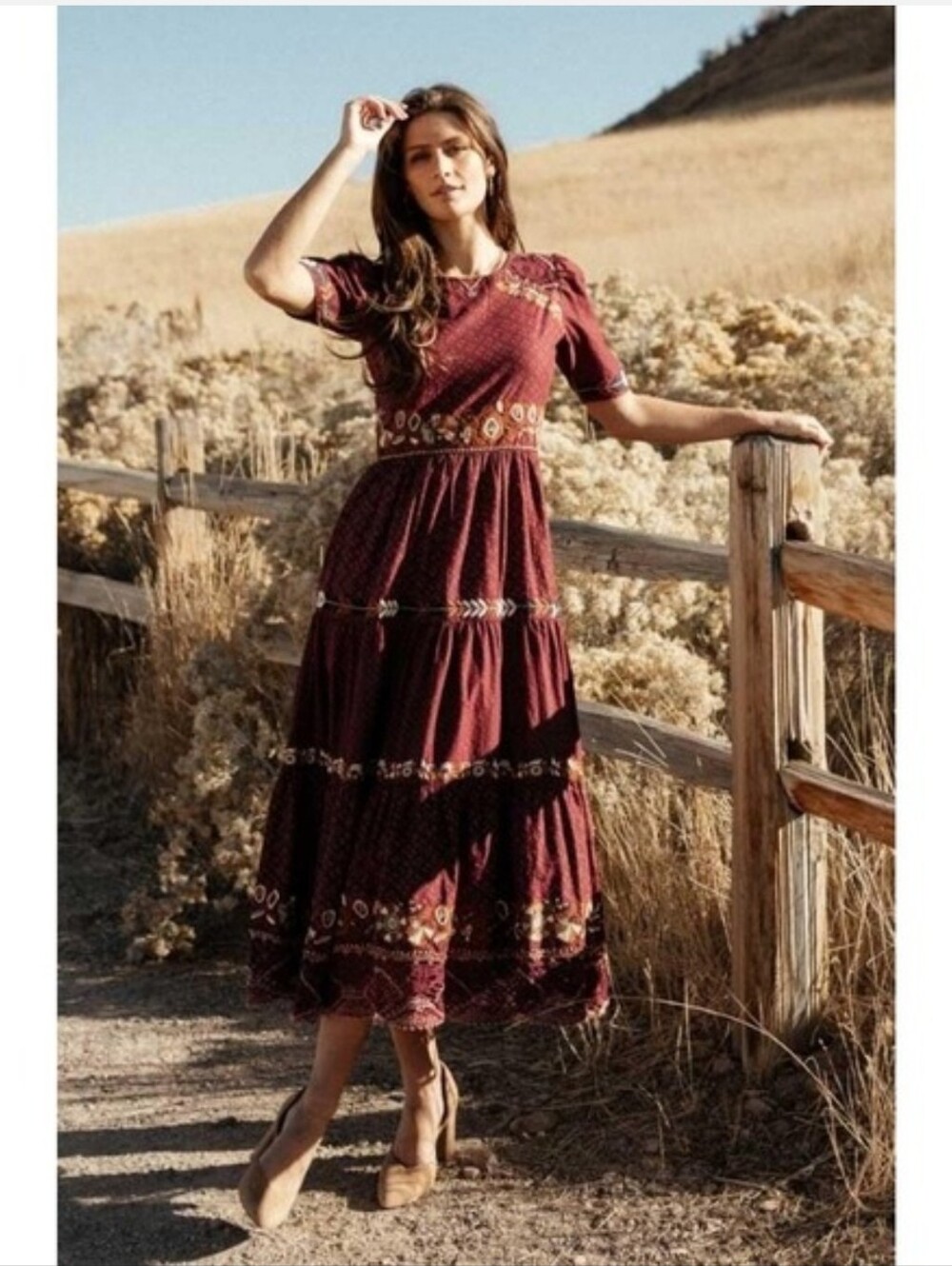 Bohme Bohemian Tiered Dress in Burgundy with Embroidered Details S - Picture 2 of 6
